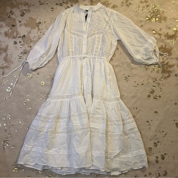 Lauren Ralph Lauren 6 White Lace Maxi Dress Button Down Cotton Long-Sleeve - Picture 1 of 13